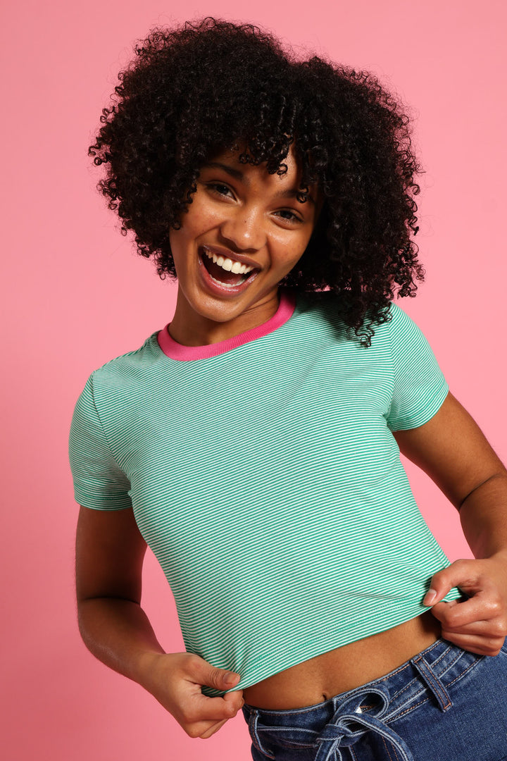 Girls Contrast Collar Basic Tee - White/Green