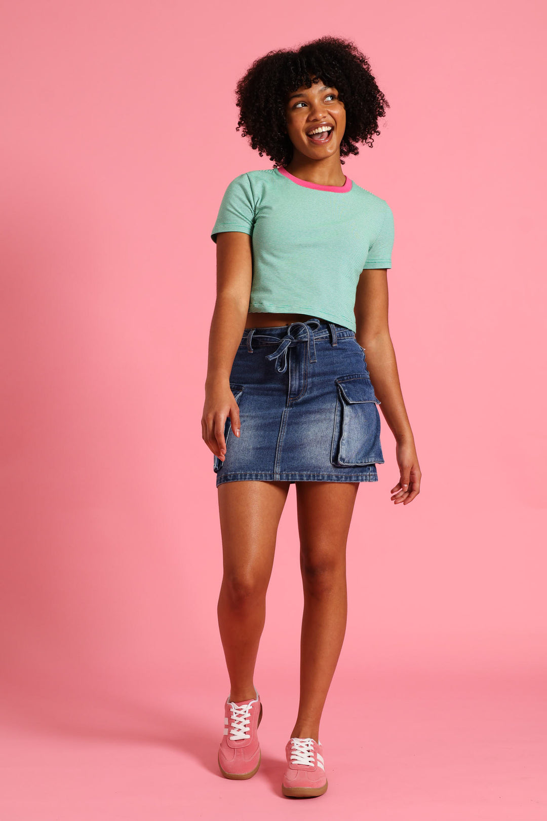 Girls Contrast Collar Basic Tee - White/Green