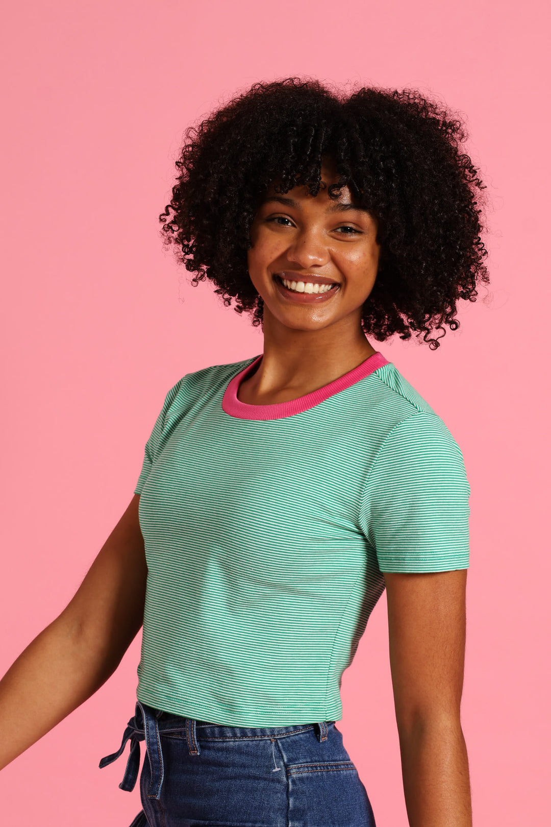 Girls Contrast Collar Basic Tee - White/Green