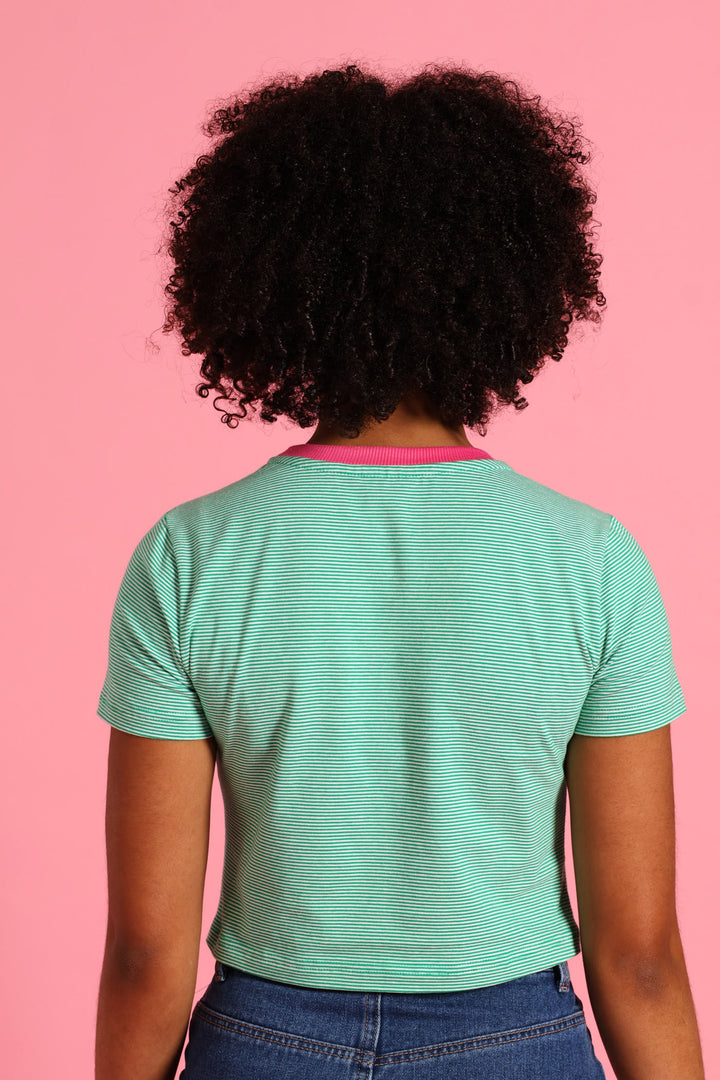 Girls Contrast Collar Basic Tee - White/Green