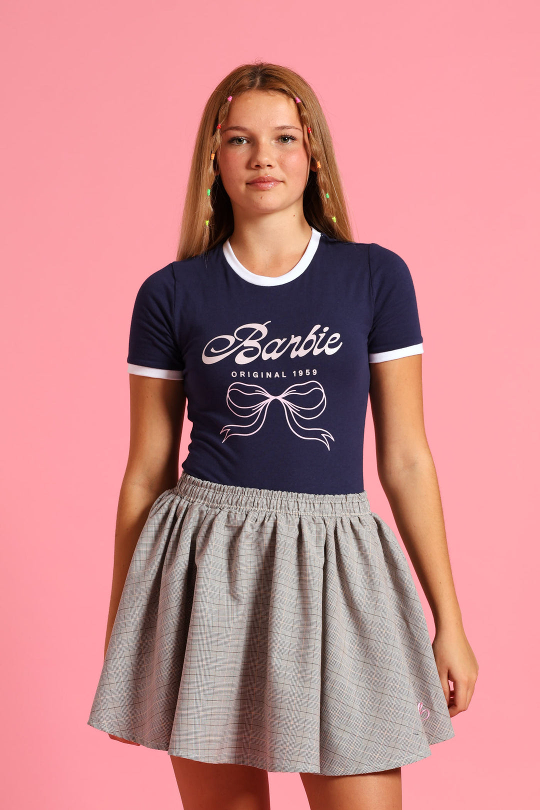 Girls Barbie Flare Checked Skirt - Stone