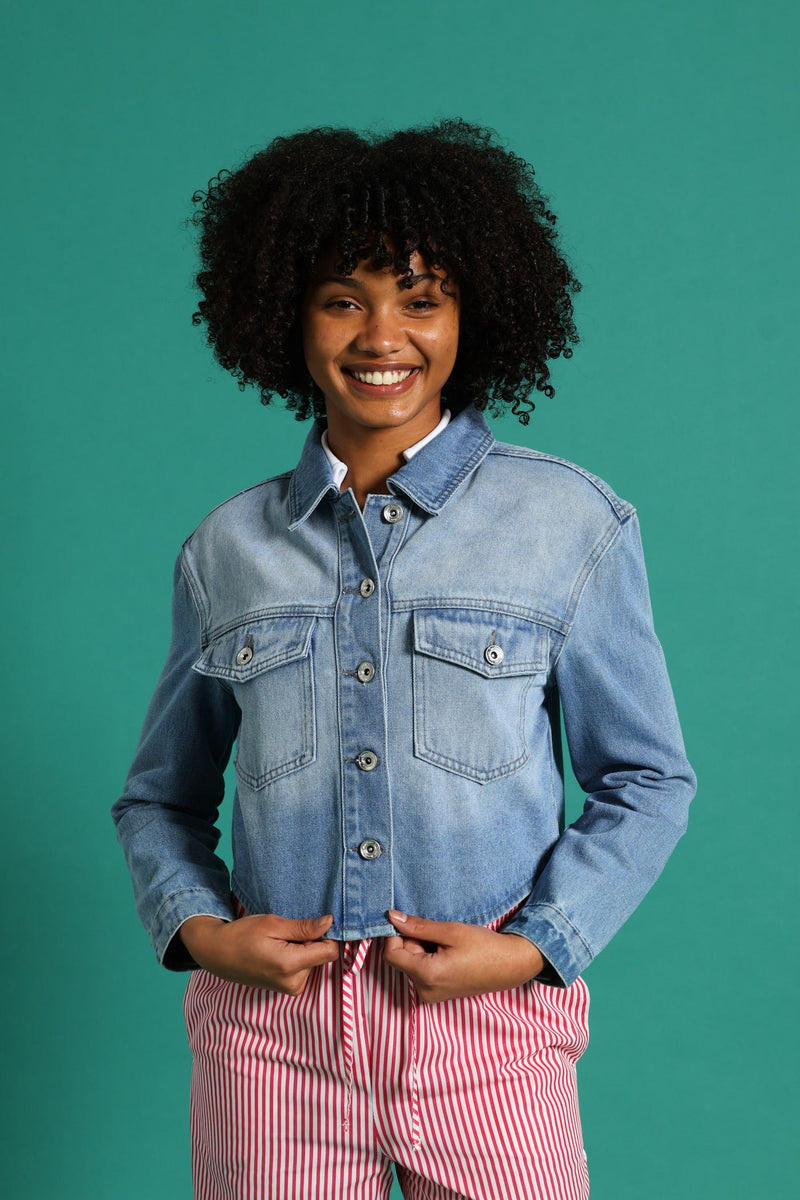 Girls Denim Shacket - Mid Blue