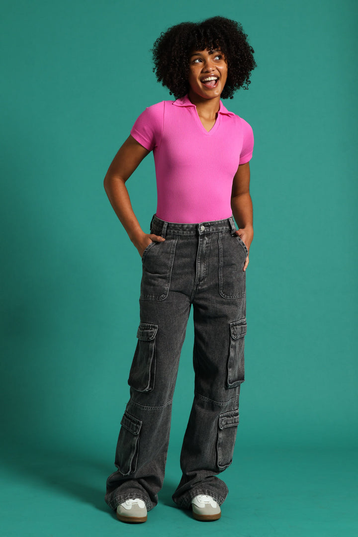 Girls Ridgid Cargo Wide Leg Denim - Charcoal