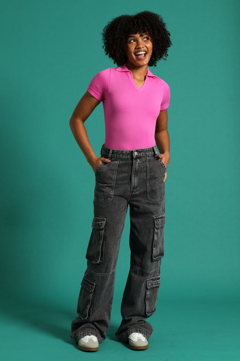 Girls Ridgid Cargo Wide Leg Denim - Charcoal