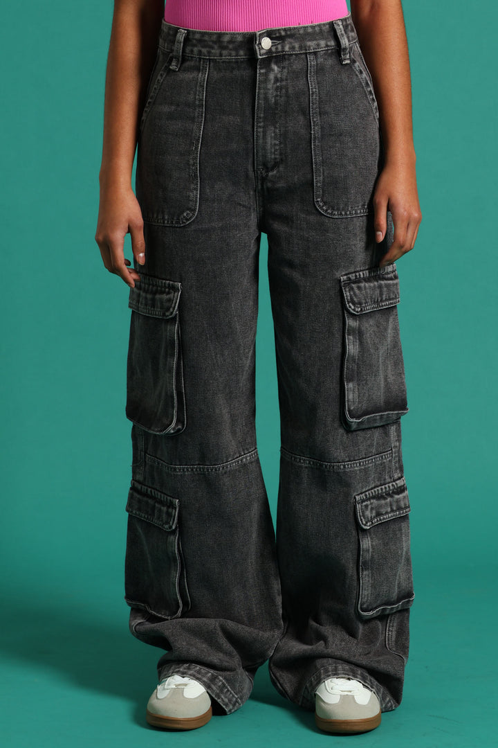 Girls Ridgid Cargo Wide Leg Denim - Charcoal