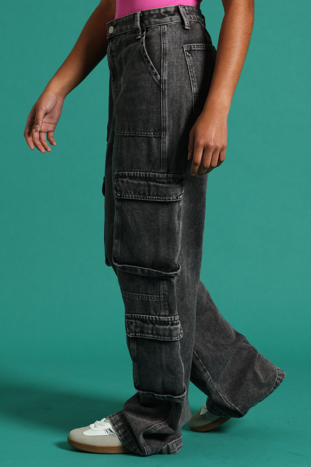 Girls Ridgid Cargo Wide Leg Denim - Charcoal