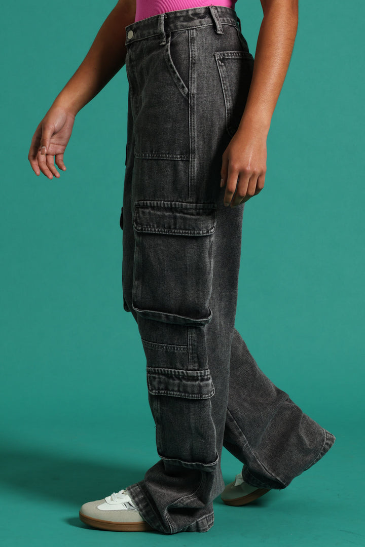 Girls Ridgid Cargo Wide Leg Denim - Charcoal
