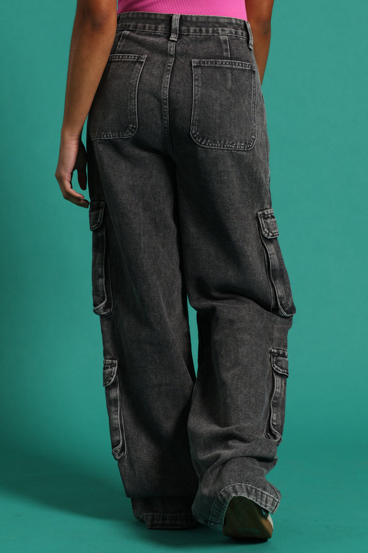 Girls Ridgid Cargo Wide Leg Denim - Charcoal