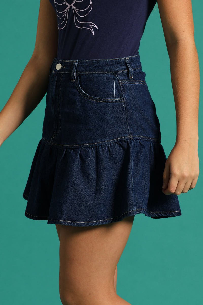 Girls Rigid Denim Frill Skirt - Raw Wash