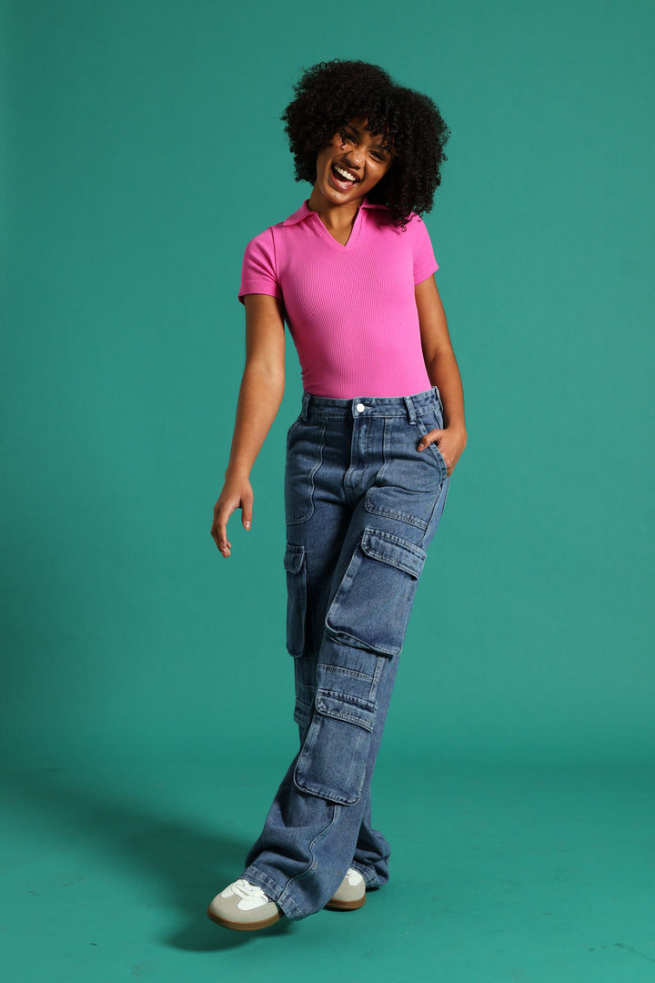 Girls Rigid Cargo Wide Leg Denim - Dark Blue