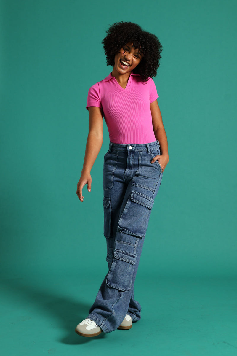 Girls Rigid Cargo Wide Leg Denim - Dark Blue