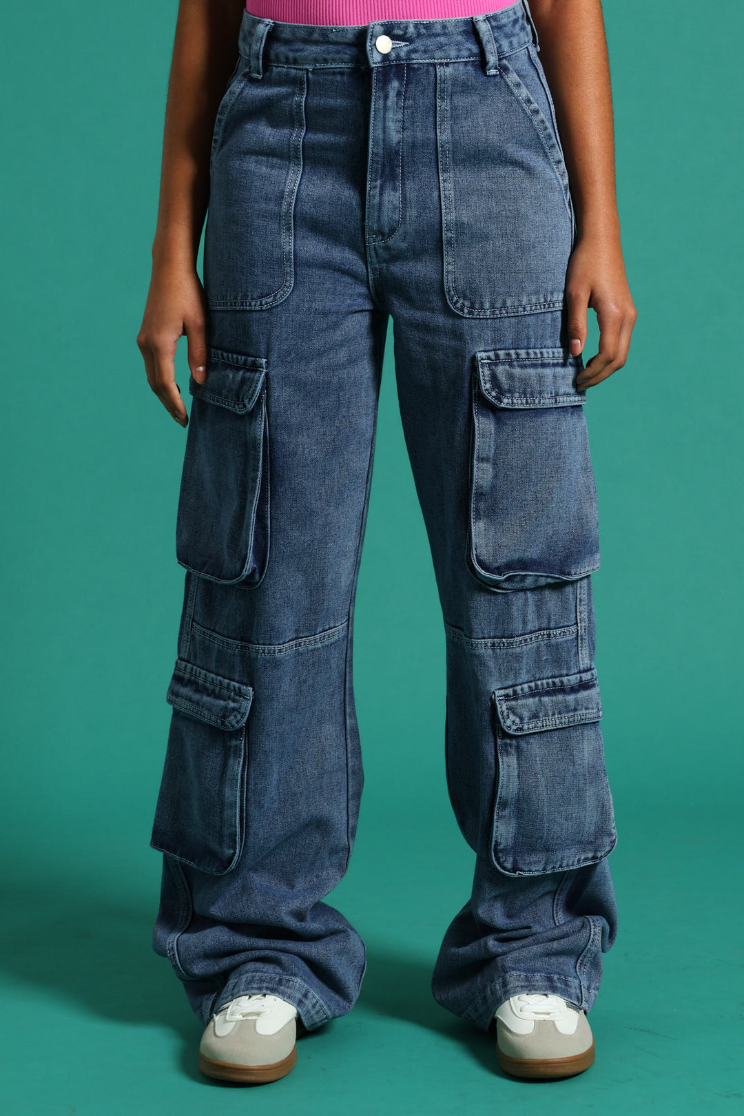 Girls Rigid Cargo Wide Leg Denim - Dark Blue