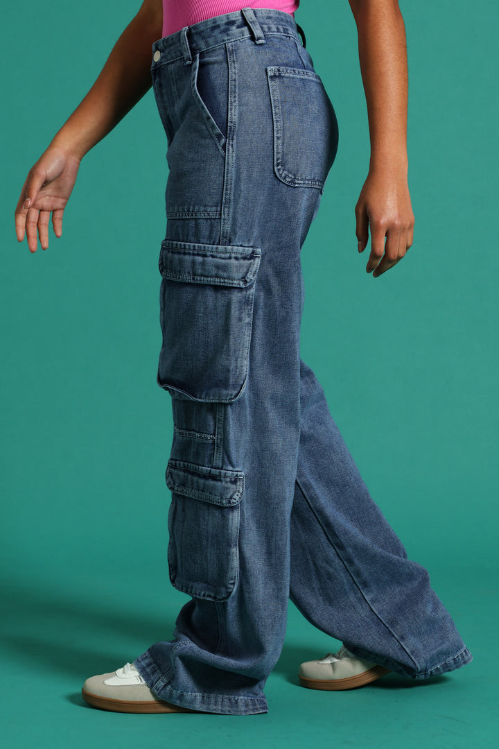 Girls Rigid Cargo Wide Leg Denim - Dark Blue