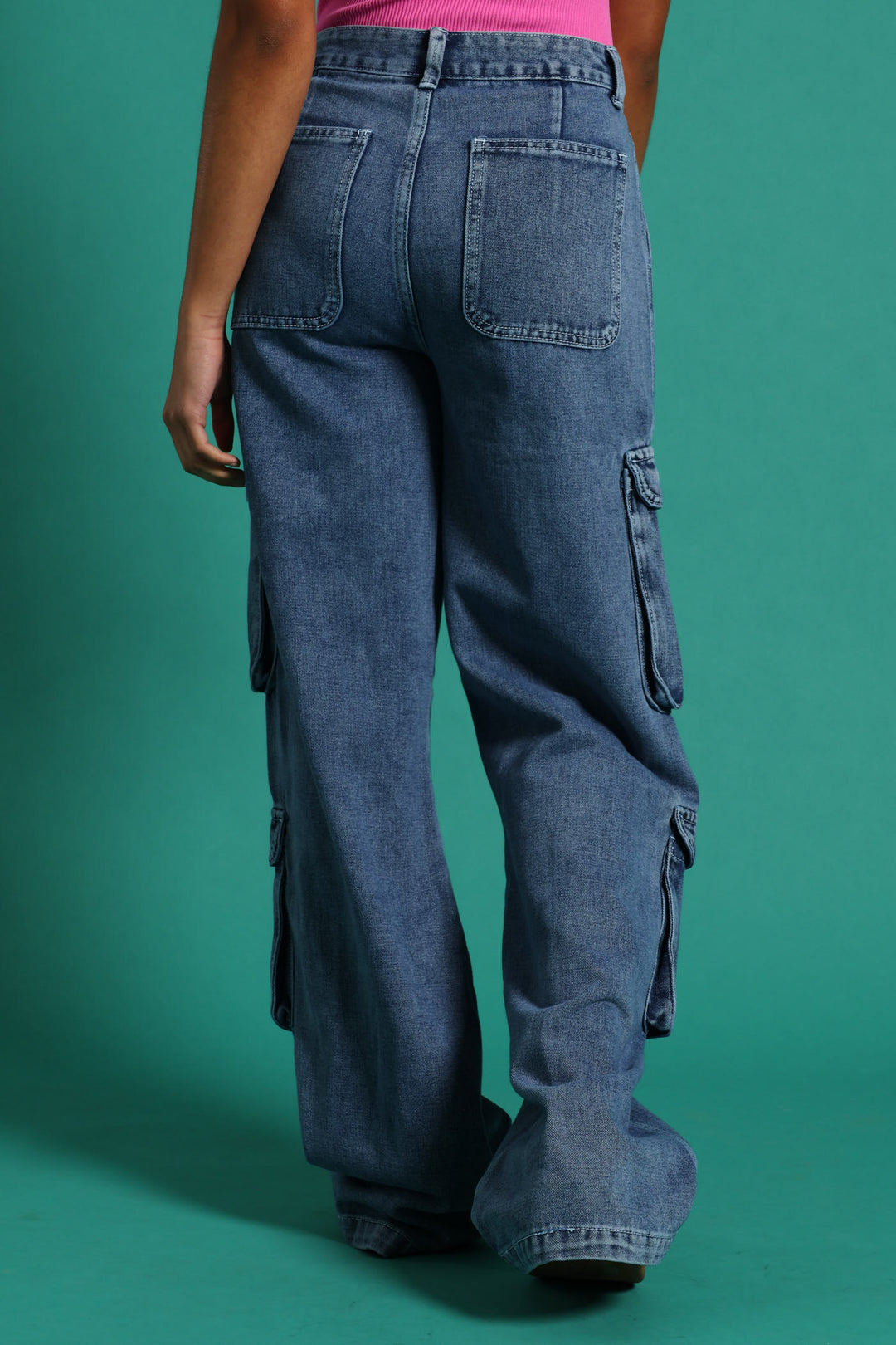 Girls Rigid Cargo Wide Leg Denim - Dark Blue