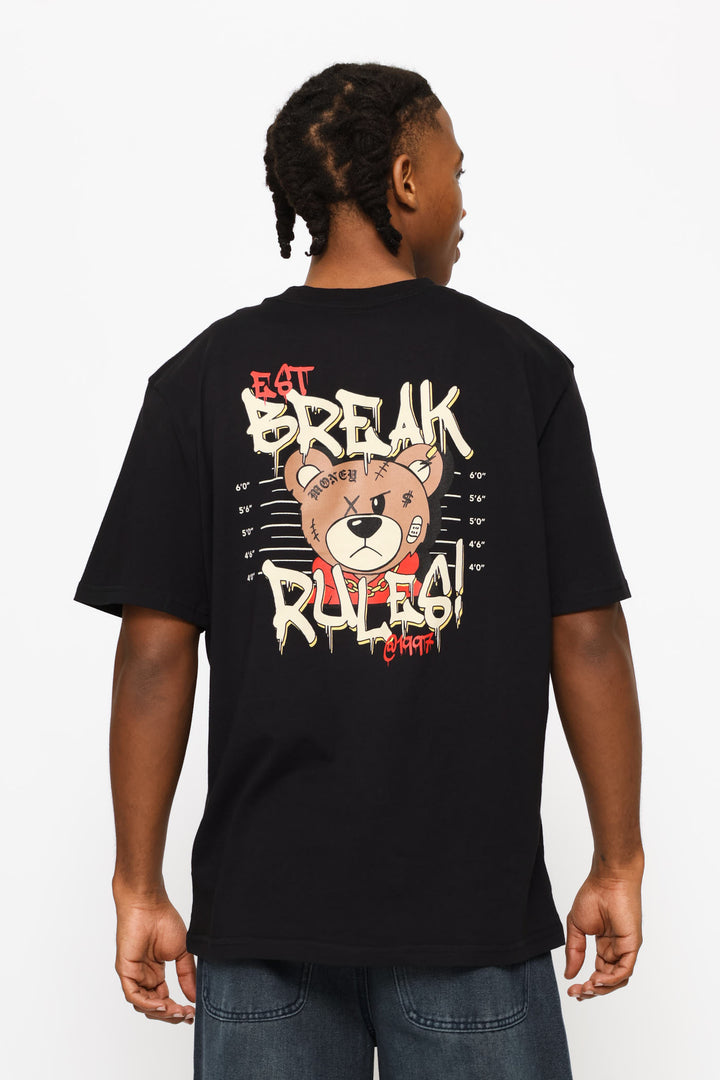 Teddy Break Rules Front & Back Print Tee - Black