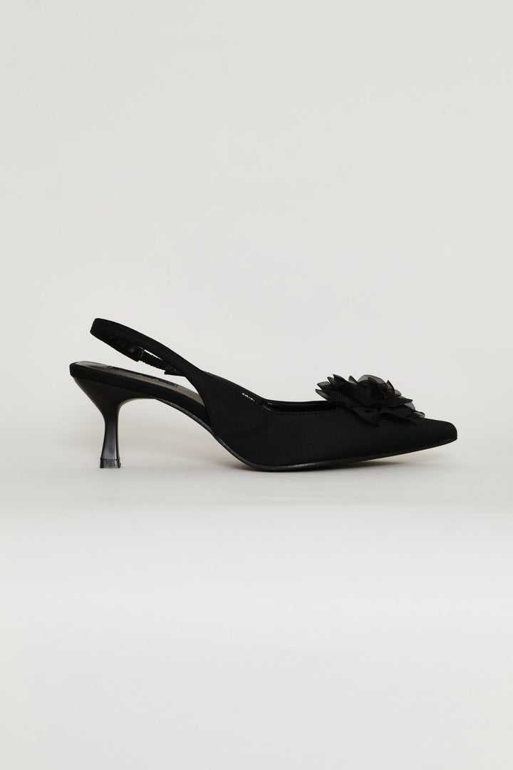 Chiffon Flower Kitten Slingback Heel - Black