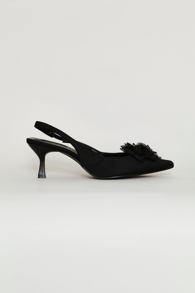 Chiffon Flower Kitten Slingback Heel - Black