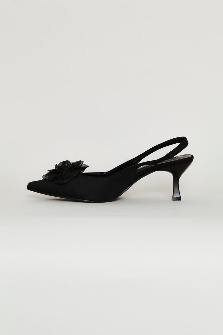 Chiffon Flower Kitten Slingback Heel - Black