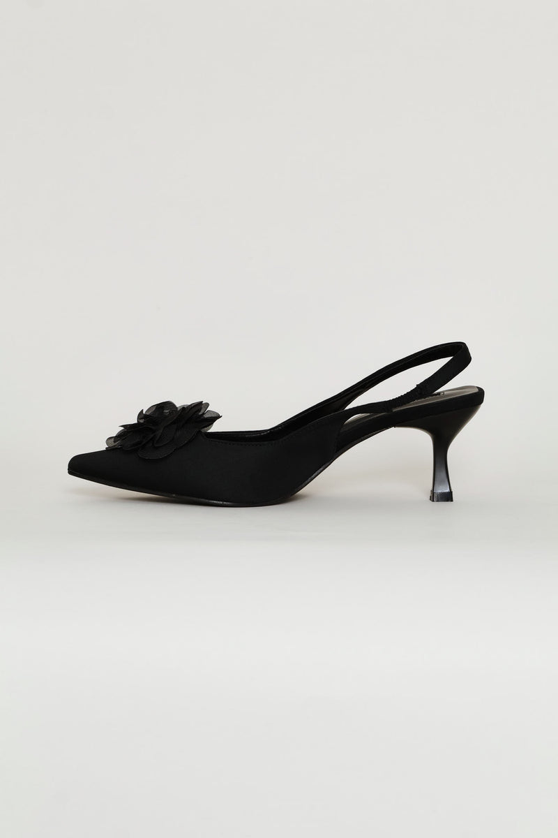 Chiffon Flower Kitten Slingback Heel - Black