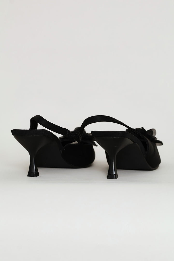 Chiffon Flower Kitten Slingback Heel - Black
