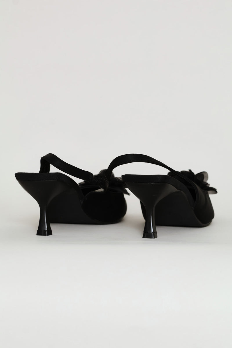 Chiffon Flower Kitten Slingback Heel - Black