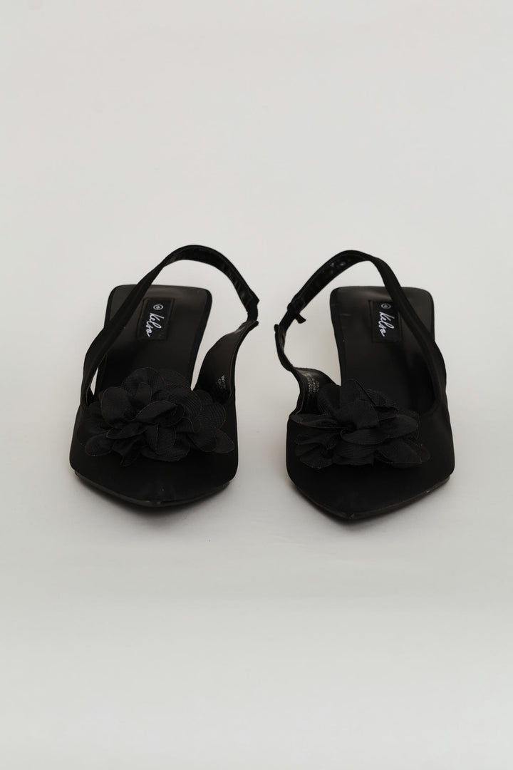 Chiffon Flower Kitten Slingback Heel - Black