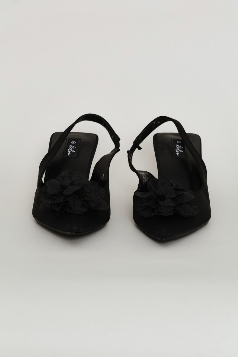 Chiffon Flower Kitten Slingback Heel - Black