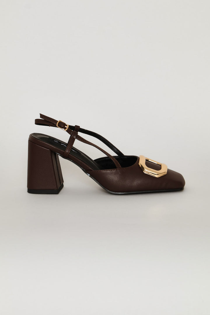 Square Toe Slingback Block Heel - Chocolate