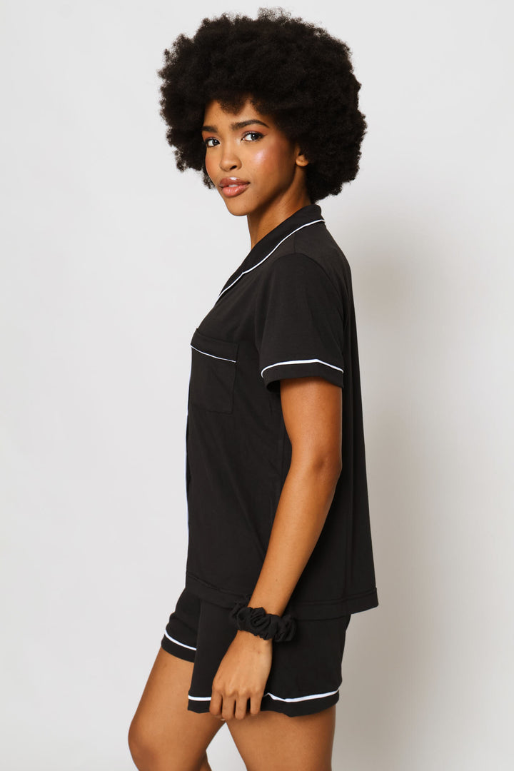 Button Through & Short Knit  Sleep Set - Black