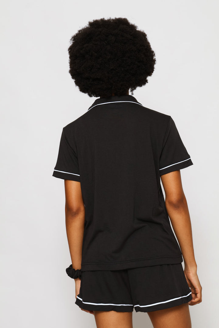 Button Through & Short Knit  Sleep Set - Black