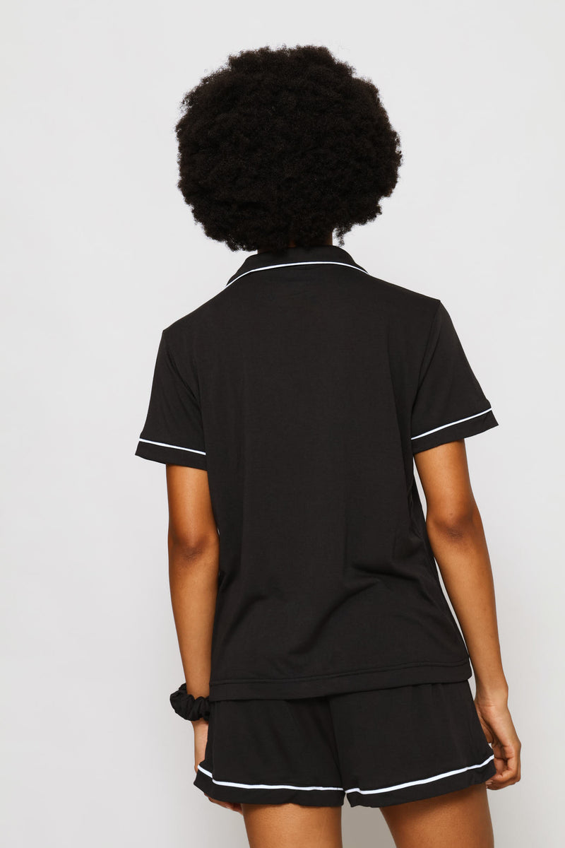 Button Through & Short Knit  Sleep Set - Black