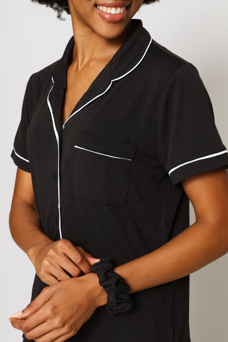 Button Through & Short Knit  Sleep Set - Black