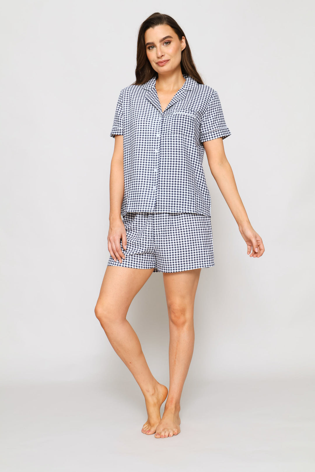 Gingham Button Through Sleep Set - White/Navy