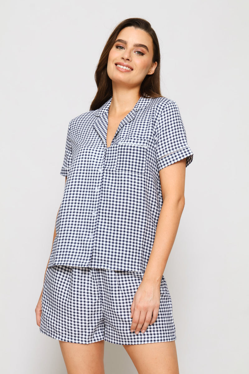 Gingham Button Through Sleep Set - White/Navy