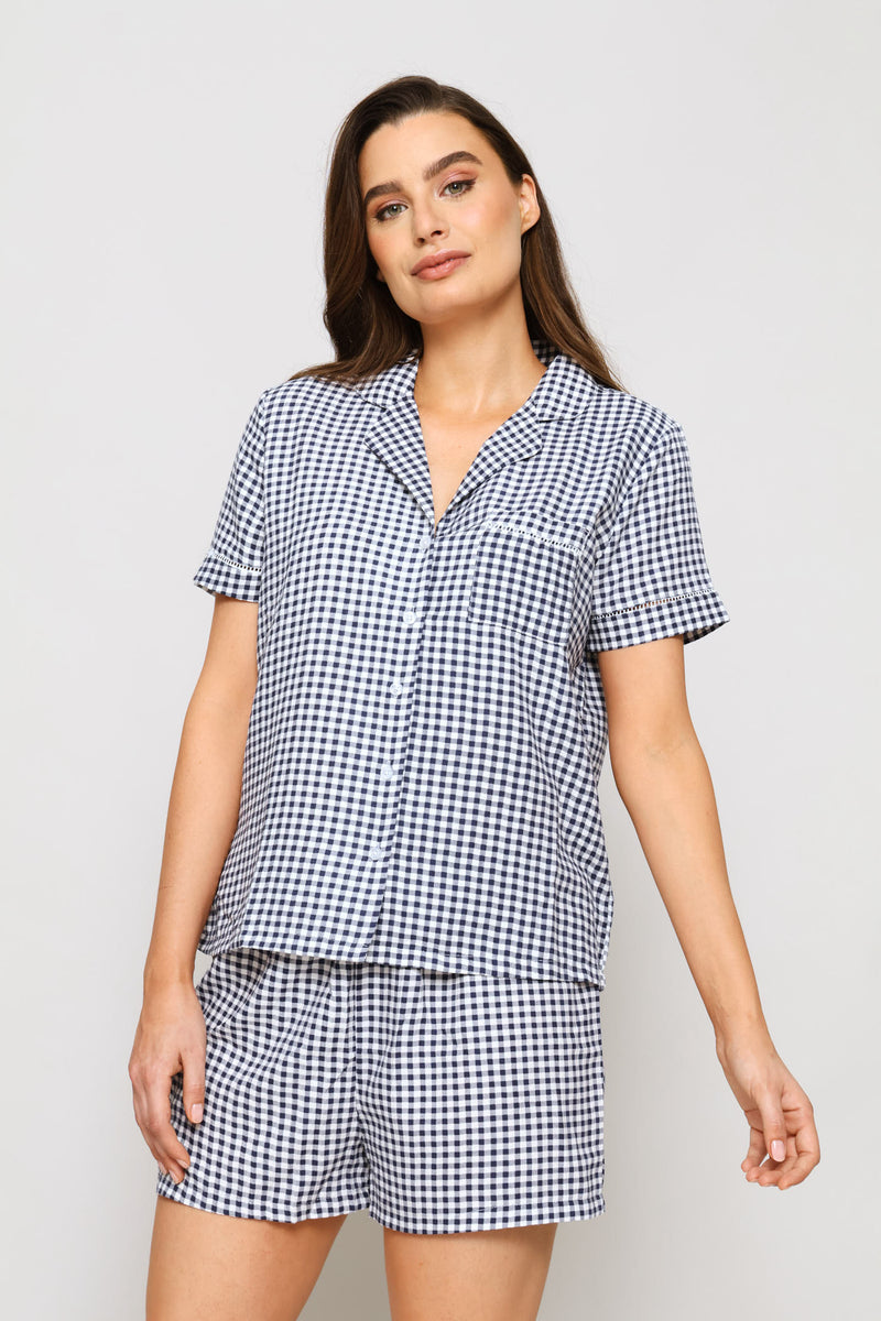 Gingham Button Through Sleep Set - White/Navy