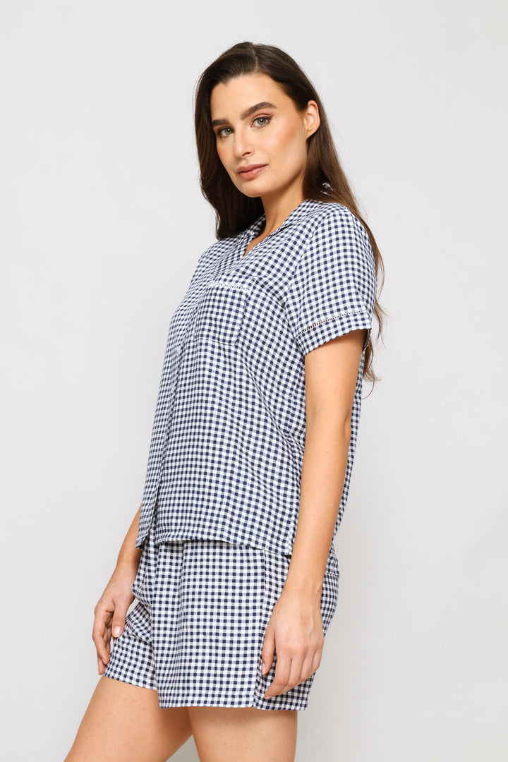 Gingham Button Through Sleep Set - White/Navy