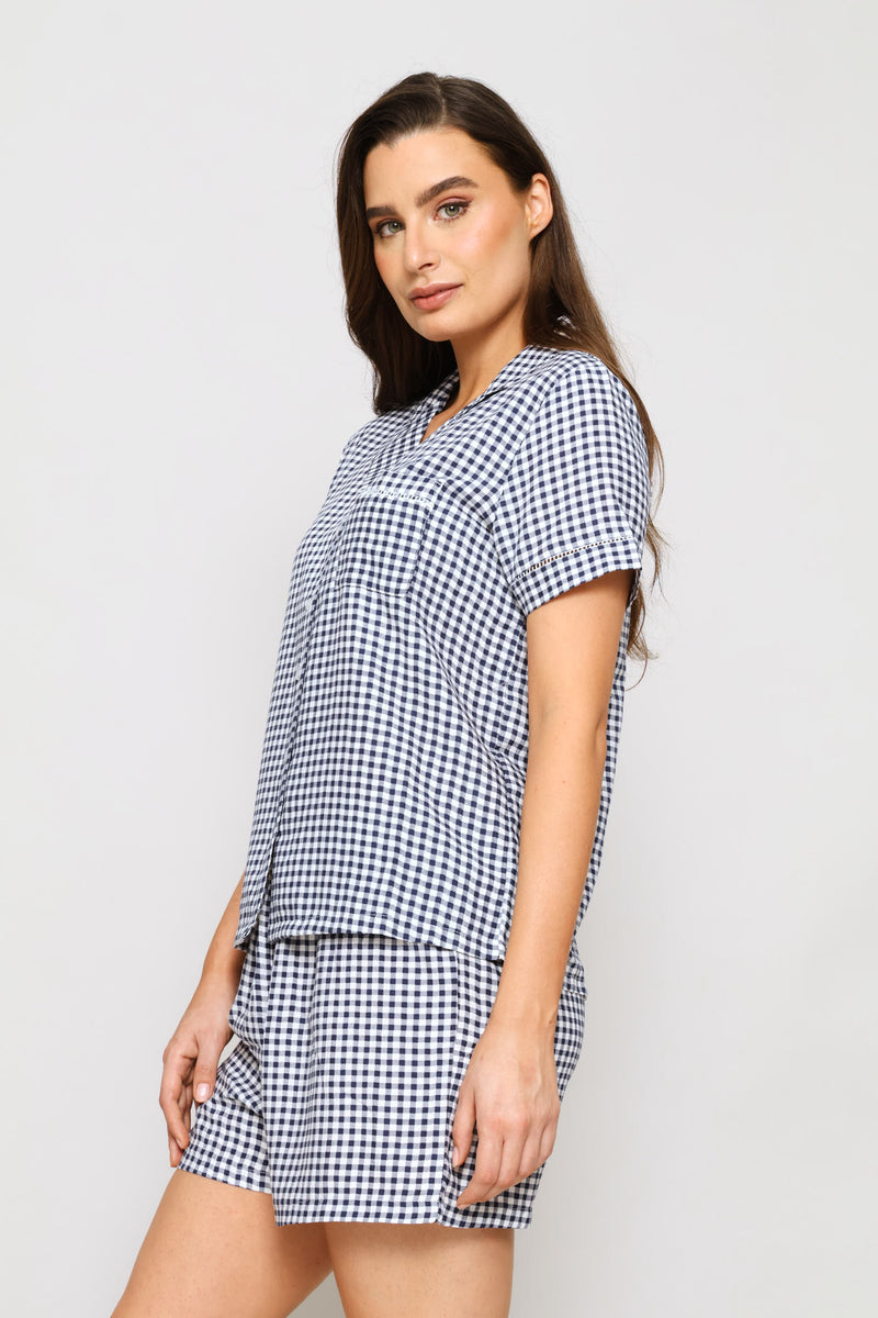Gingham Button Through Sleep Set - White/Navy
