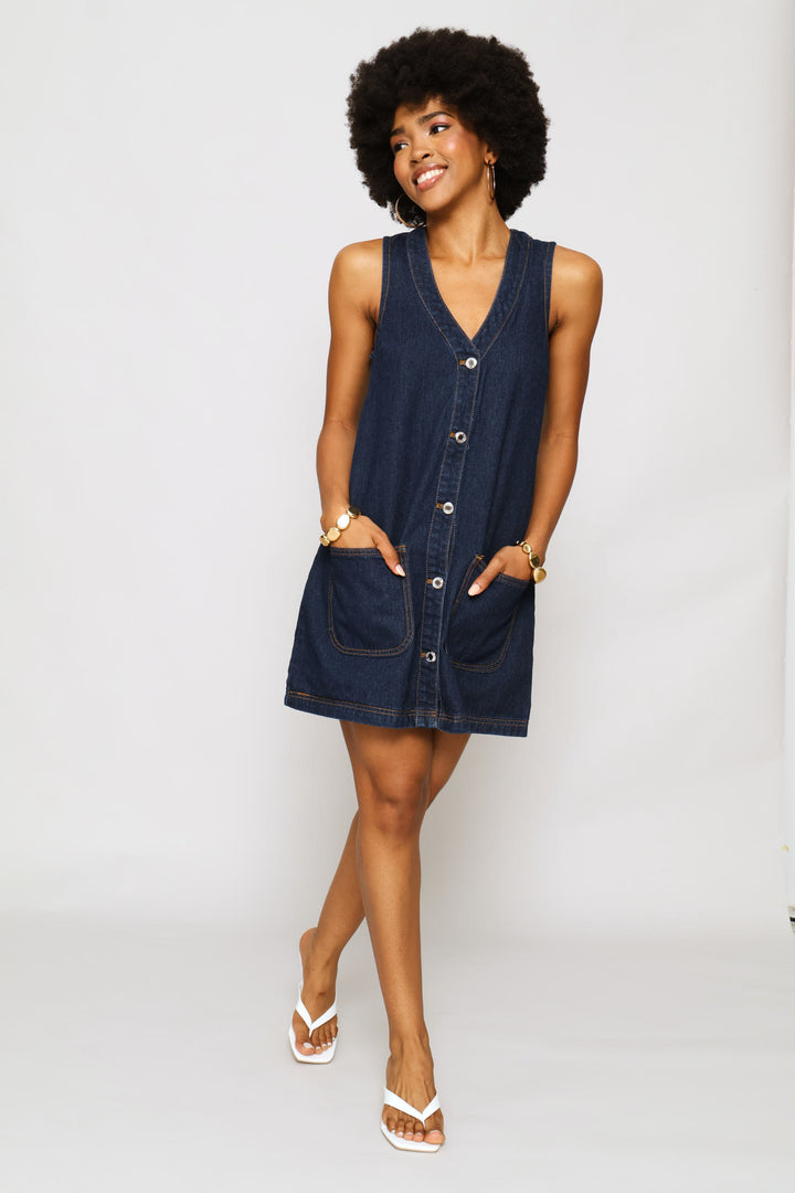 Button Through Denim Pini Dress - Ink