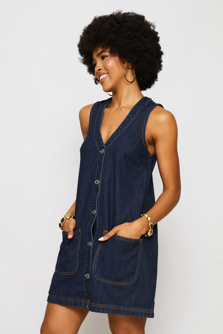Button Through Denim Pini Dress - Ink