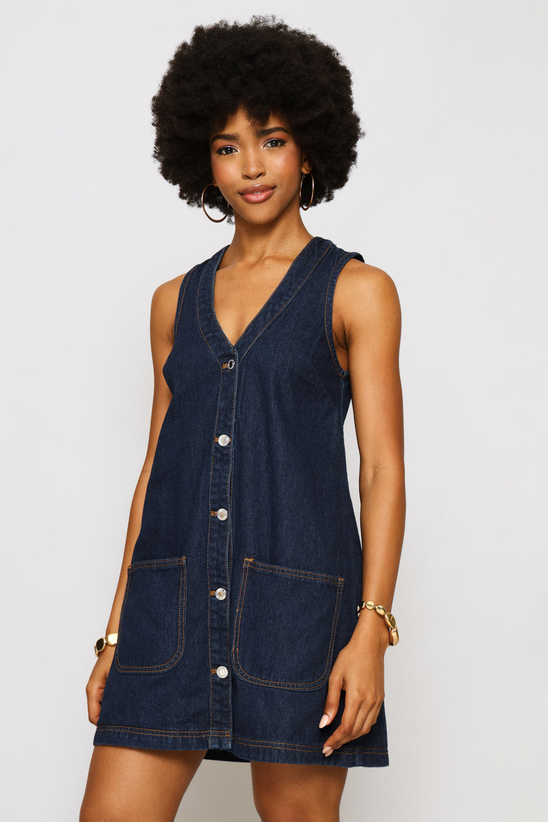 Button Through Denim Pini Dress - Ink