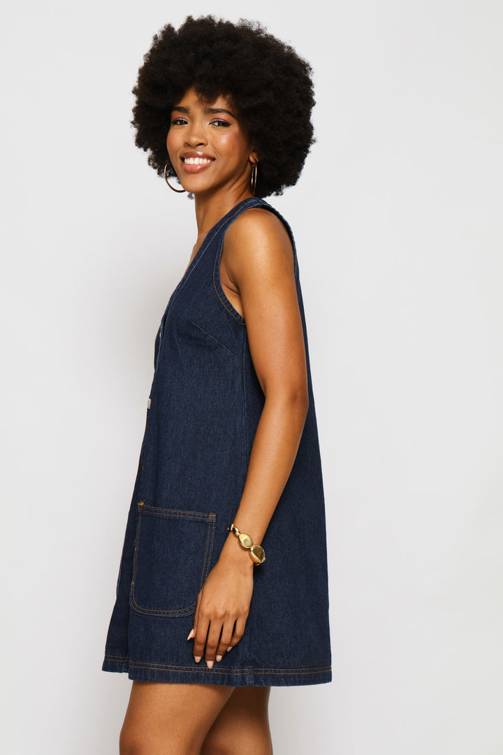 Button Through Denim Pini Dress - Ink
