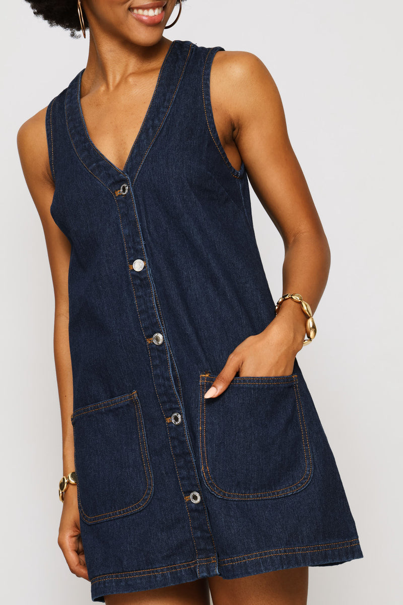 Button Through Denim Pini Dress - Ink