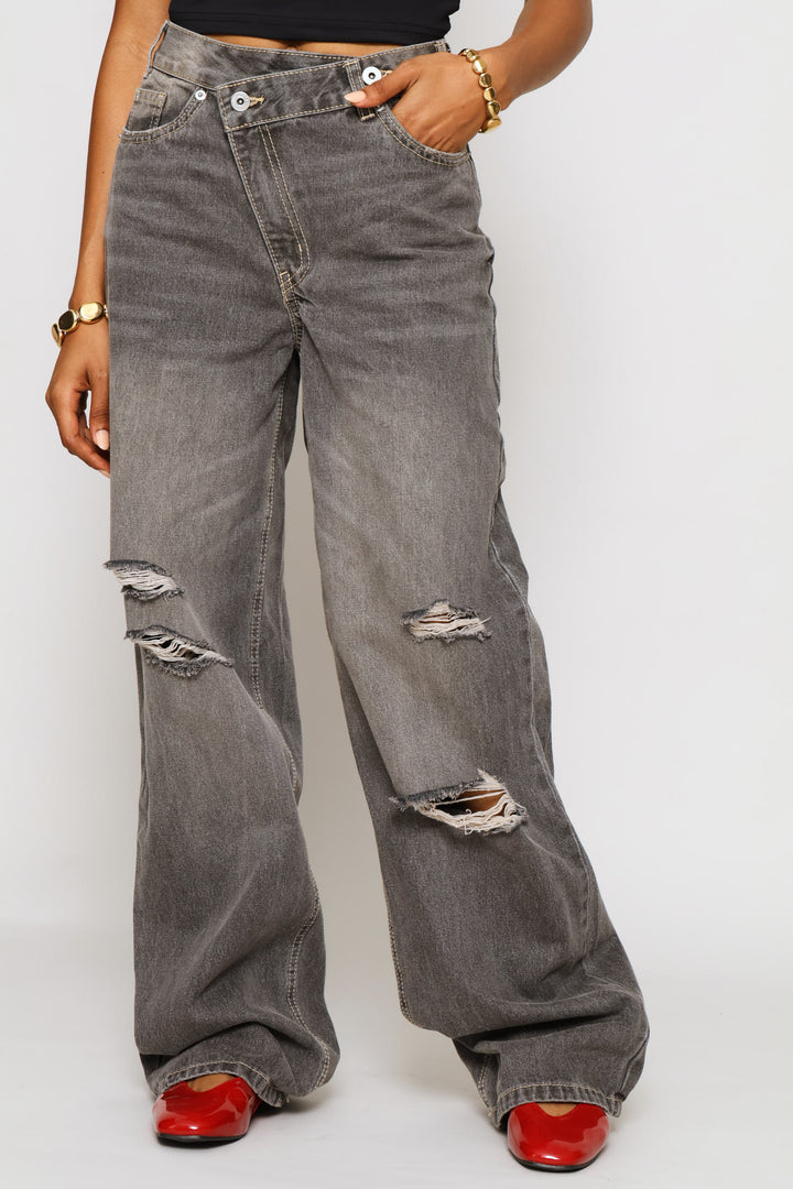 Asymmetric Waistband Ripped Wide Leg Denim - Charcoal