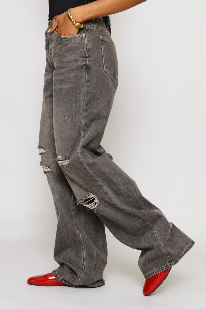 Asymmetric Waistband Ripped Wide Leg Denim - Charcoal