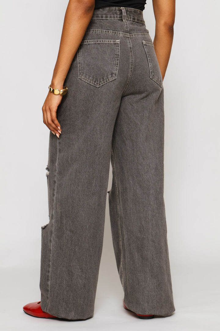 Asymmetric Waistband Ripped Wide Leg Denim - Charcoal