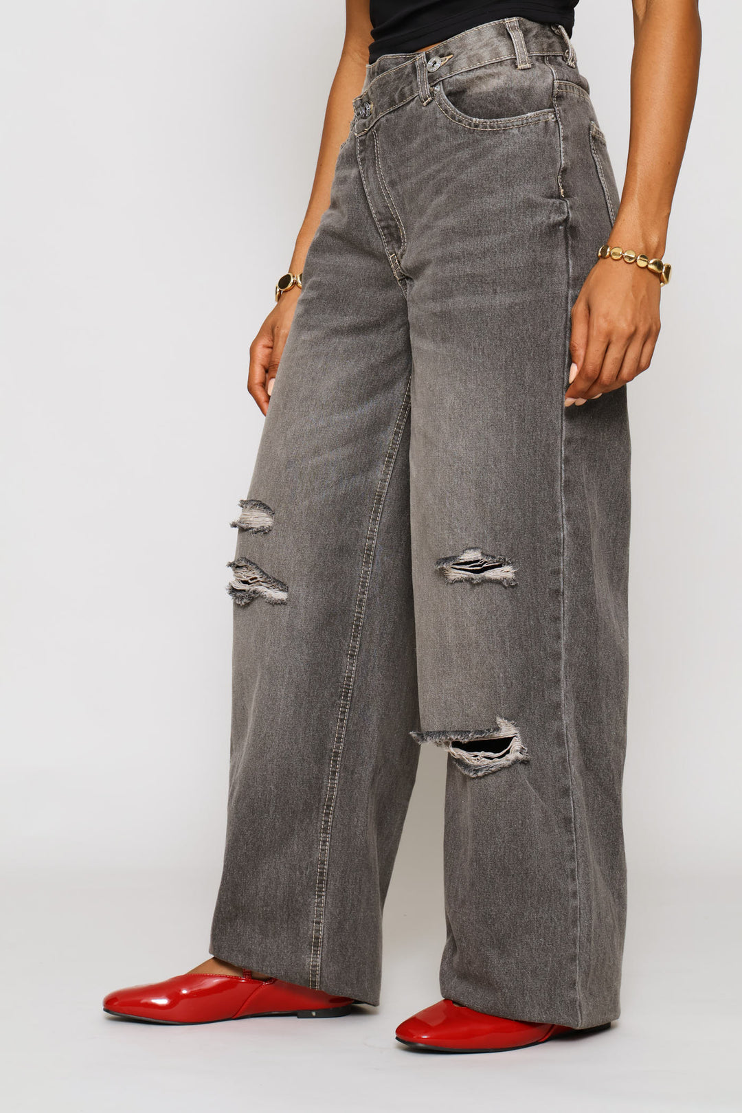 Asymmetric Waistband Ripped Wide Leg Denim - Charcoal