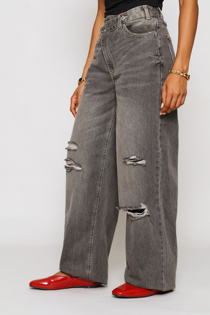 Asymmetric Waistband Ripped Wide Leg Denim - Charcoal