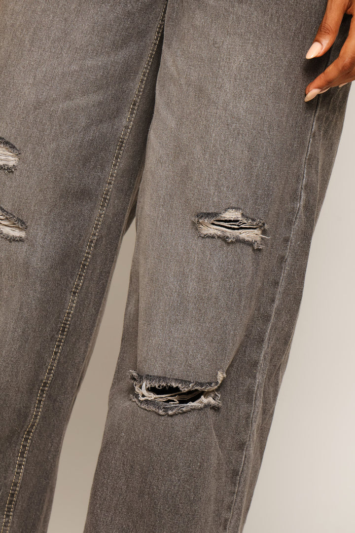 Asymmetric Waistband Ripped Wide Leg Denim - Charcoal