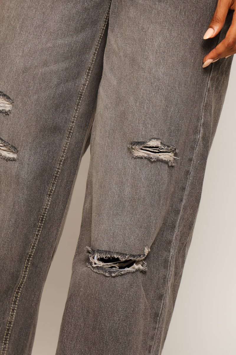 Asymmetric Waistband Ripped Wide Leg Denim - Charcoal