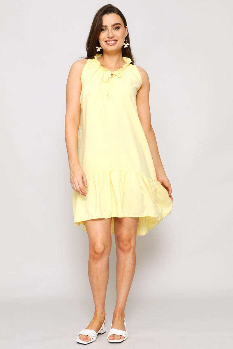 Frill Neck Frill Hem Mini Dress - Pastel Yellow